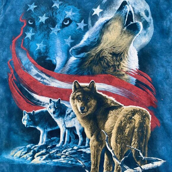 Vintage Wolves and American flag Tie dye Liquid Blue T-shirt Size L - Picture 2 of 8